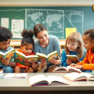 Diverse group of students learning to read in a classroom setting