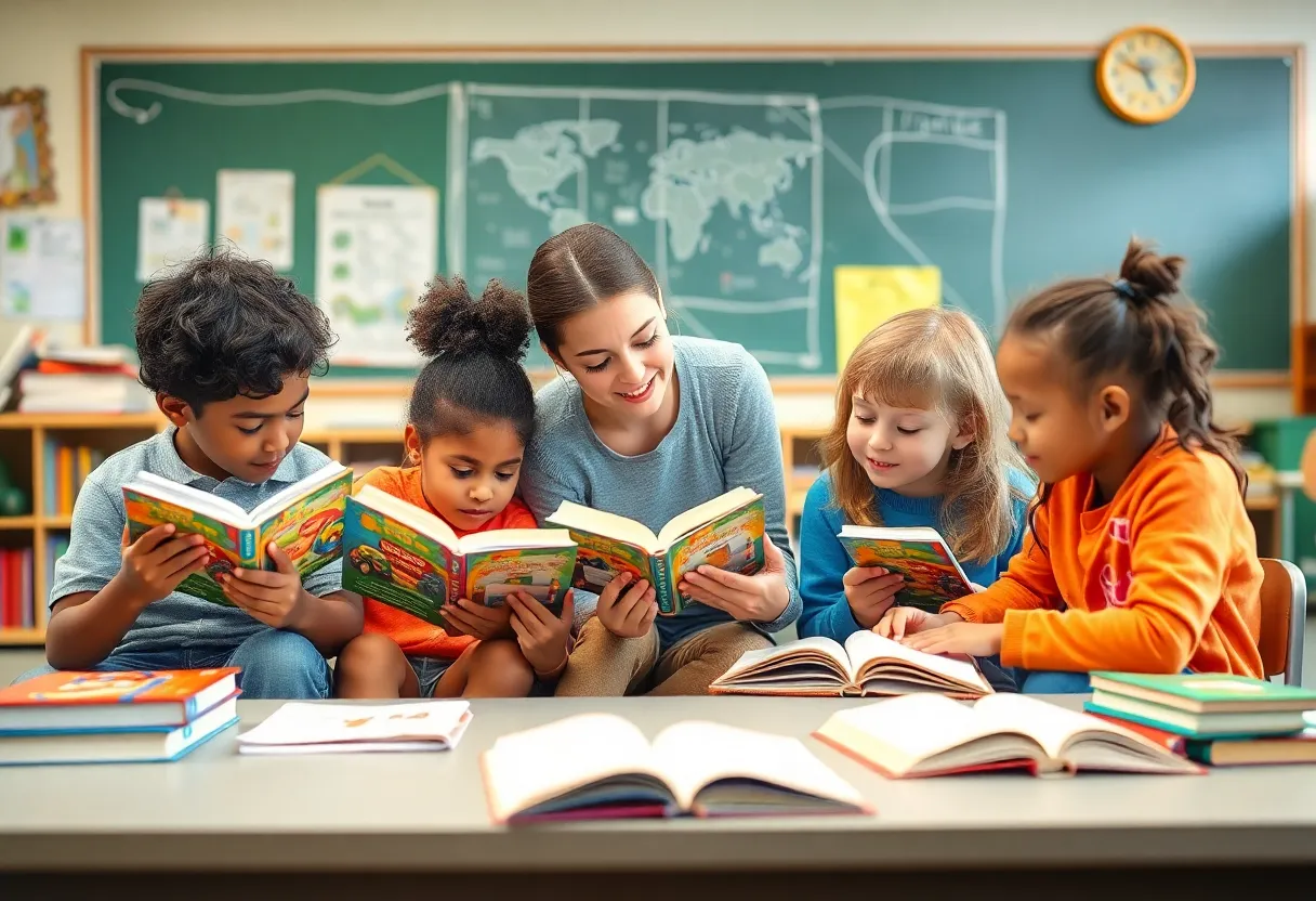 Diverse group of students learning to read in a classroom setting