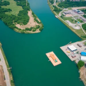 Aerial view of the Missouri River and development projects in Kansas City.