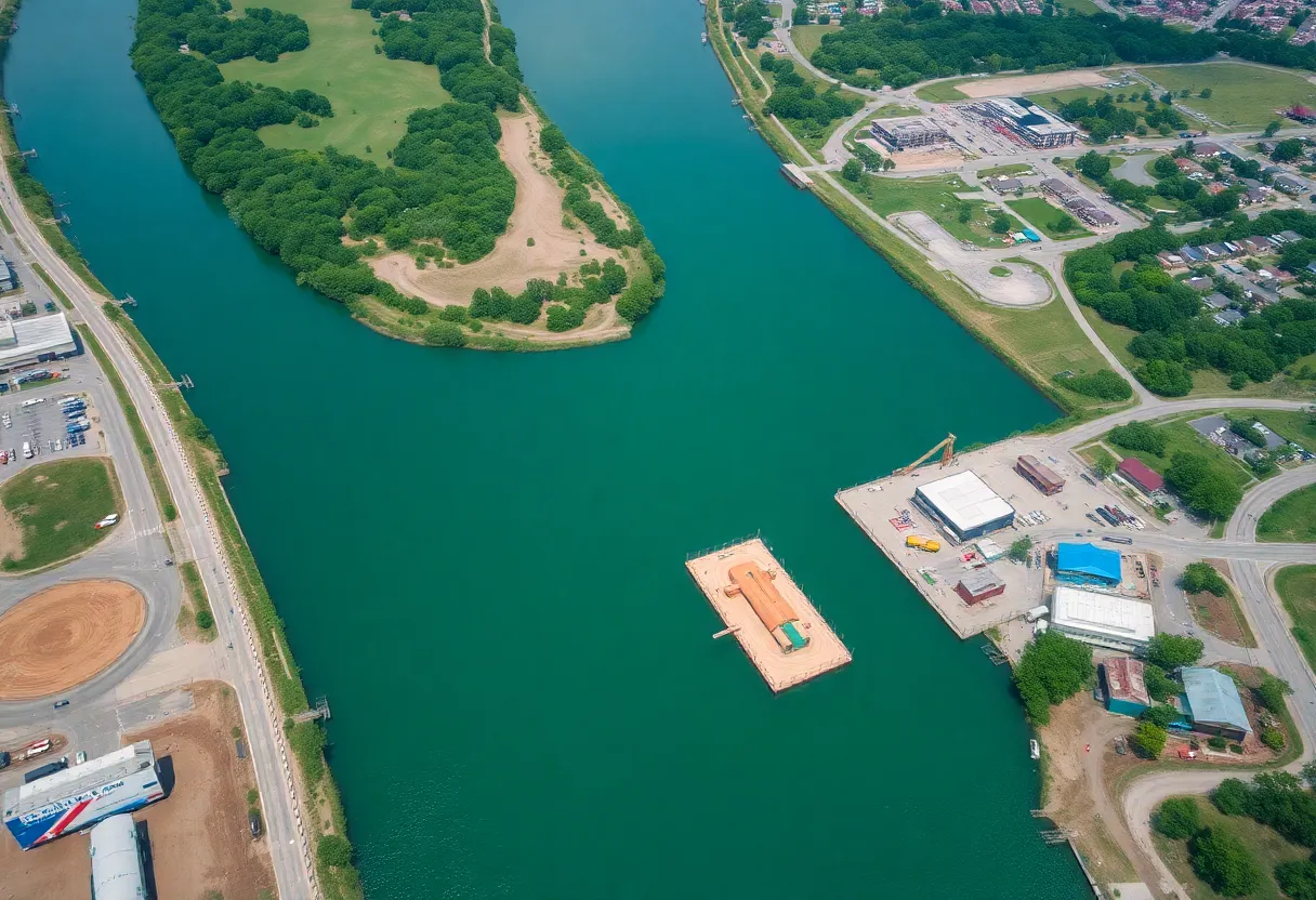 Aerial view of the Missouri River and development projects in Kansas City.