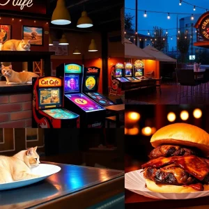 Collage of affordable Kansas City nightlife: cat café, arcade bar, beer garden games, BBQ sandwich, and intimate jazz stage