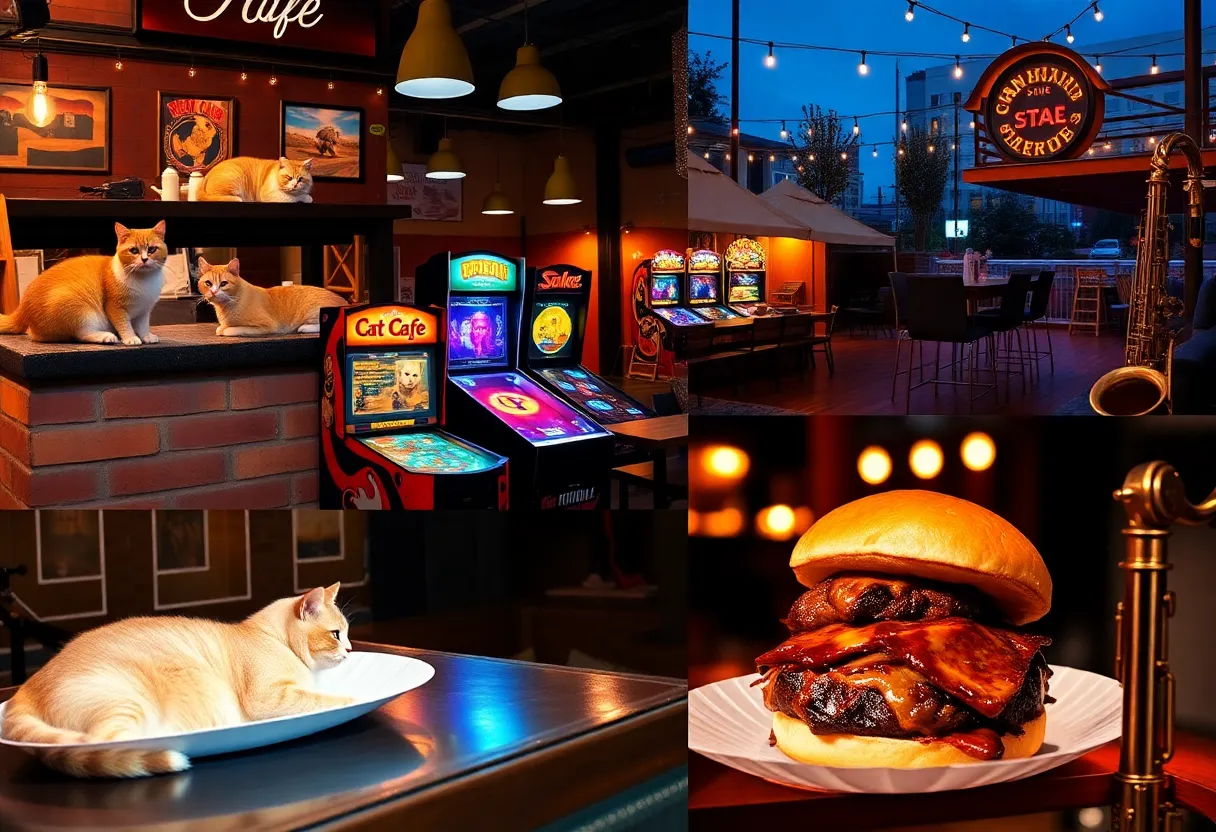 Collage of affordable Kansas City nightlife: cat café, arcade bar, beer garden games, BBQ sandwich, and intimate jazz stage
