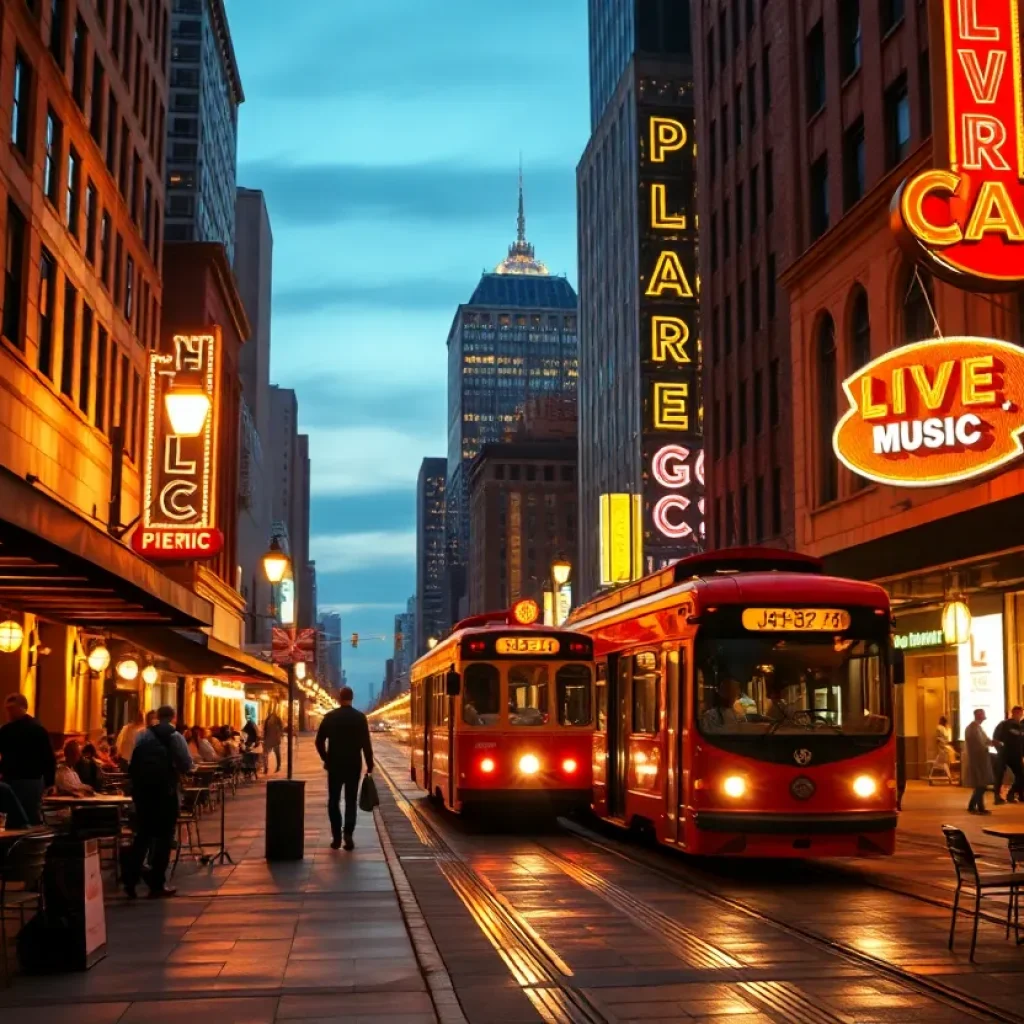 Neon-lit Kansas City street at night with restaurants, a streetcar, and live music venue signs