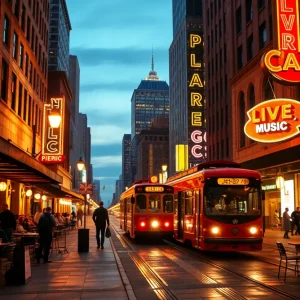 Neon-lit Kansas City street at night with restaurants, a streetcar, and live music venue signs