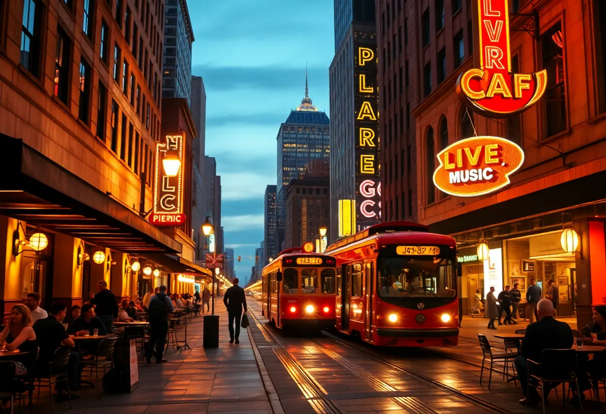 Neon-lit Kansas City street at night with restaurants, a streetcar, and live music venue signs