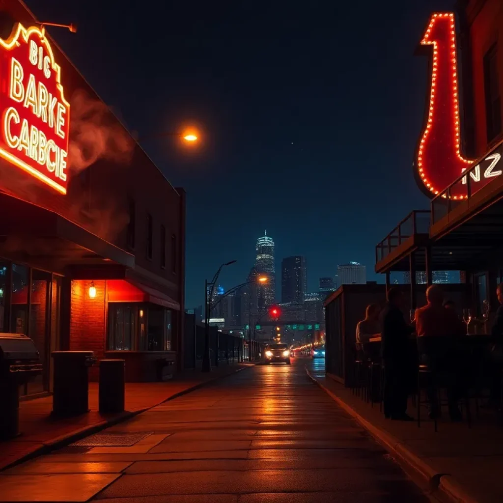 Kansas City skyline at night with rooftop lounge and neon barbecue sign on a busy street