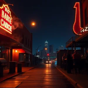 Downtown Kansas City street at night with lit bars, outdoor patios, a streetcar, and people on sidewalks