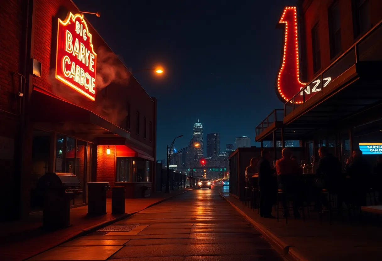Kansas City skyline at night with rooftop lounge and neon barbecue sign on a busy street
