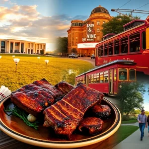 Collage showing Nelson-Atkins shuttlecocks, Kansas City barbecue plate, KC Streetcar and 18th & Vine jazz district