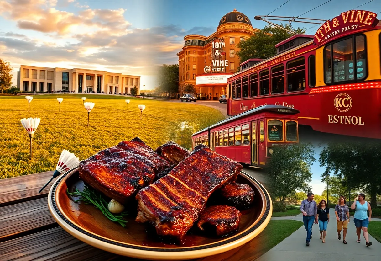 Collage showing Nelson-Atkins shuttlecocks, Kansas City barbecue plate, KC Streetcar and 18th & Vine jazz district