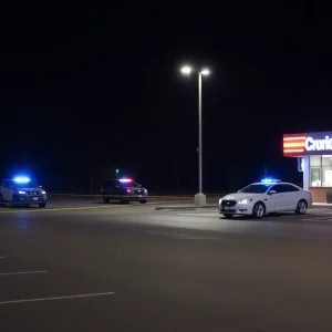 Police lights at a convenience store parking lot in Kansas City