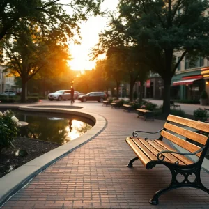 Empty park bench by rose garden and pond in Kansas City at golden hour with trees and a small theater marquee in the distance