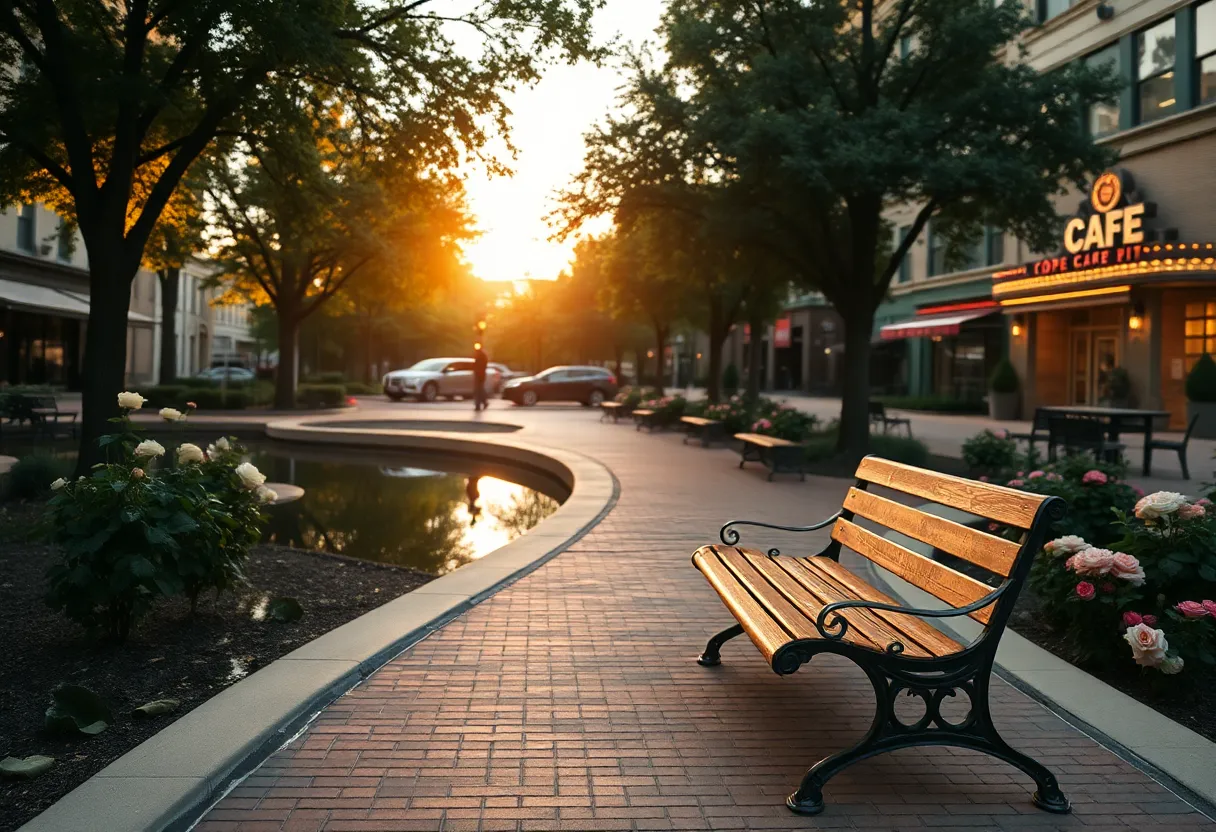 Empty park bench by rose garden and pond in Kansas City at golden hour with trees and a small theater marquee in the distance