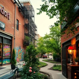 Collage of West Bottoms vintage shops, Crossroads street art, Loose Park rose garden, and a cozy speakeasy interior in Kansas City