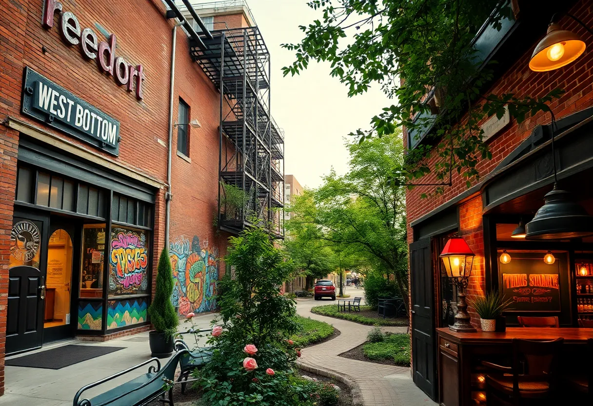 Collage of West Bottoms vintage shops, Crossroads street art, Loose Park rose garden, and a cozy speakeasy interior in Kansas City