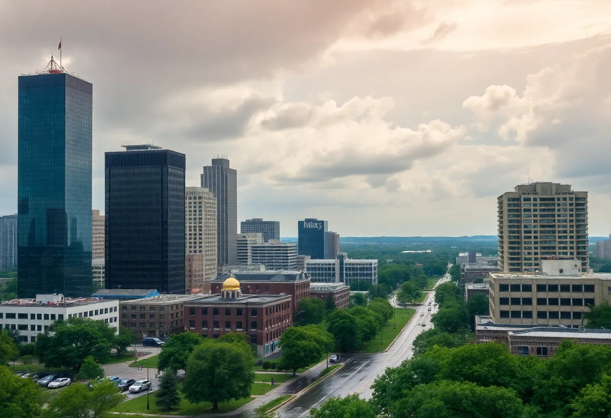 A view of Kansas City after rainfall, highlighting cooler temperatures and cloudy skies.
