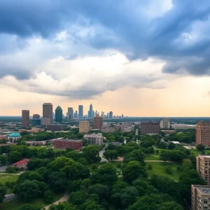 Kansas City skyline featuring dark clouds indicating a change in weather.