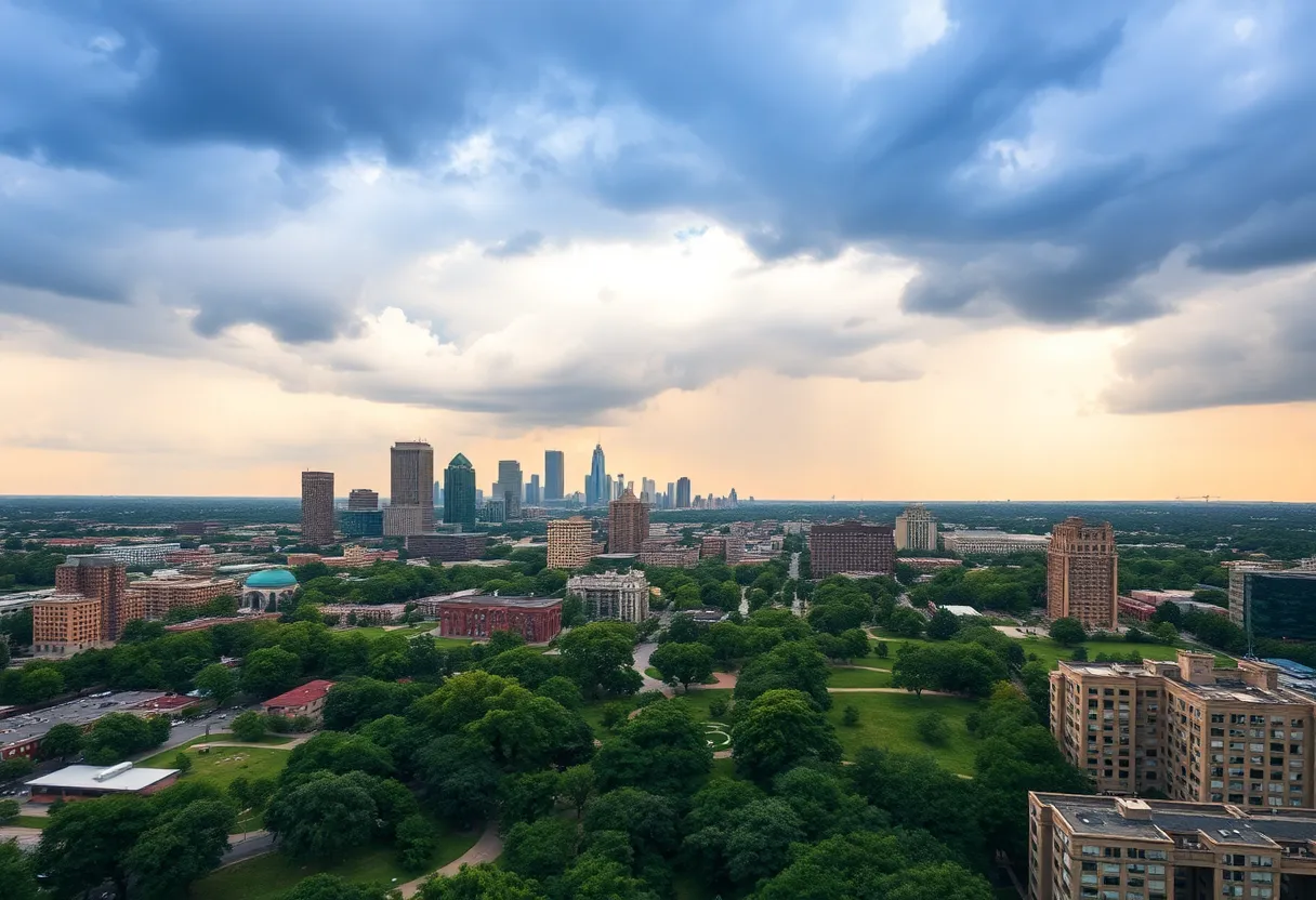 Kansas City skyline featuring dark clouds indicating a change in weather.