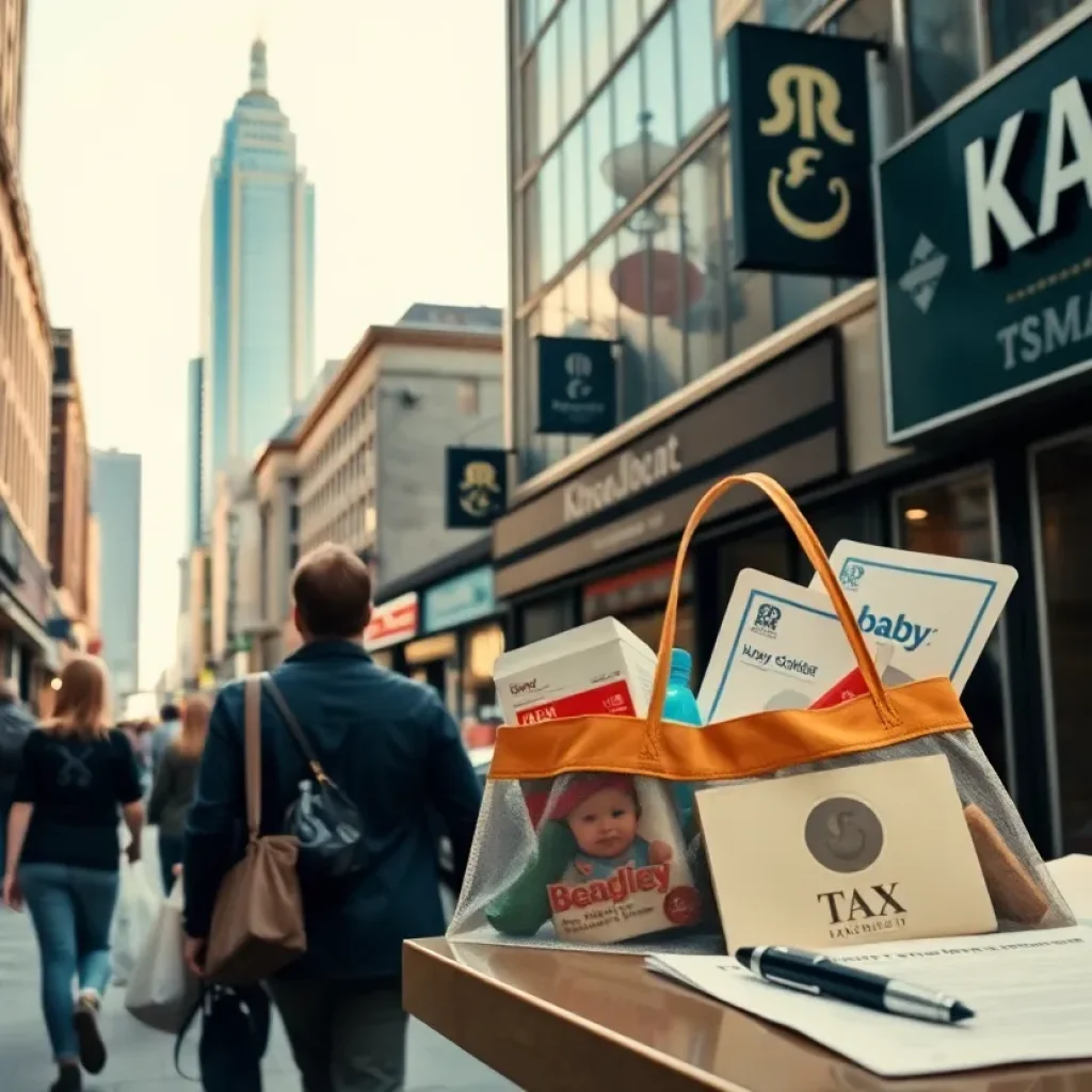 Kansas City skyline with storefronts, shopping bags, and tax documents representing Missouri tax changes