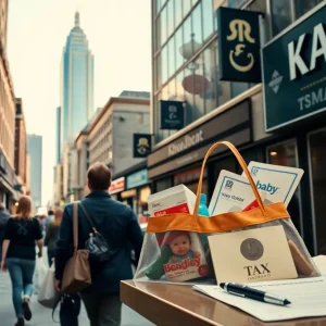 Kansas City skyline with storefronts, shopping bags, and tax documents representing Missouri tax changes