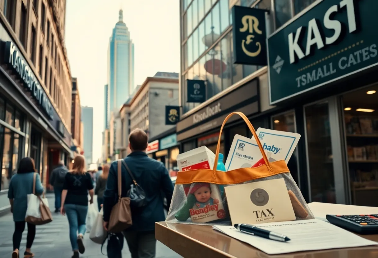 Kansas City skyline with storefronts, shopping bags, and tax documents representing Missouri tax changes
