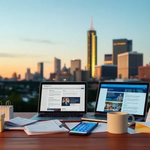 Kansas City skyline with tax documents, laptop open to government site, and smartphone showing alerts