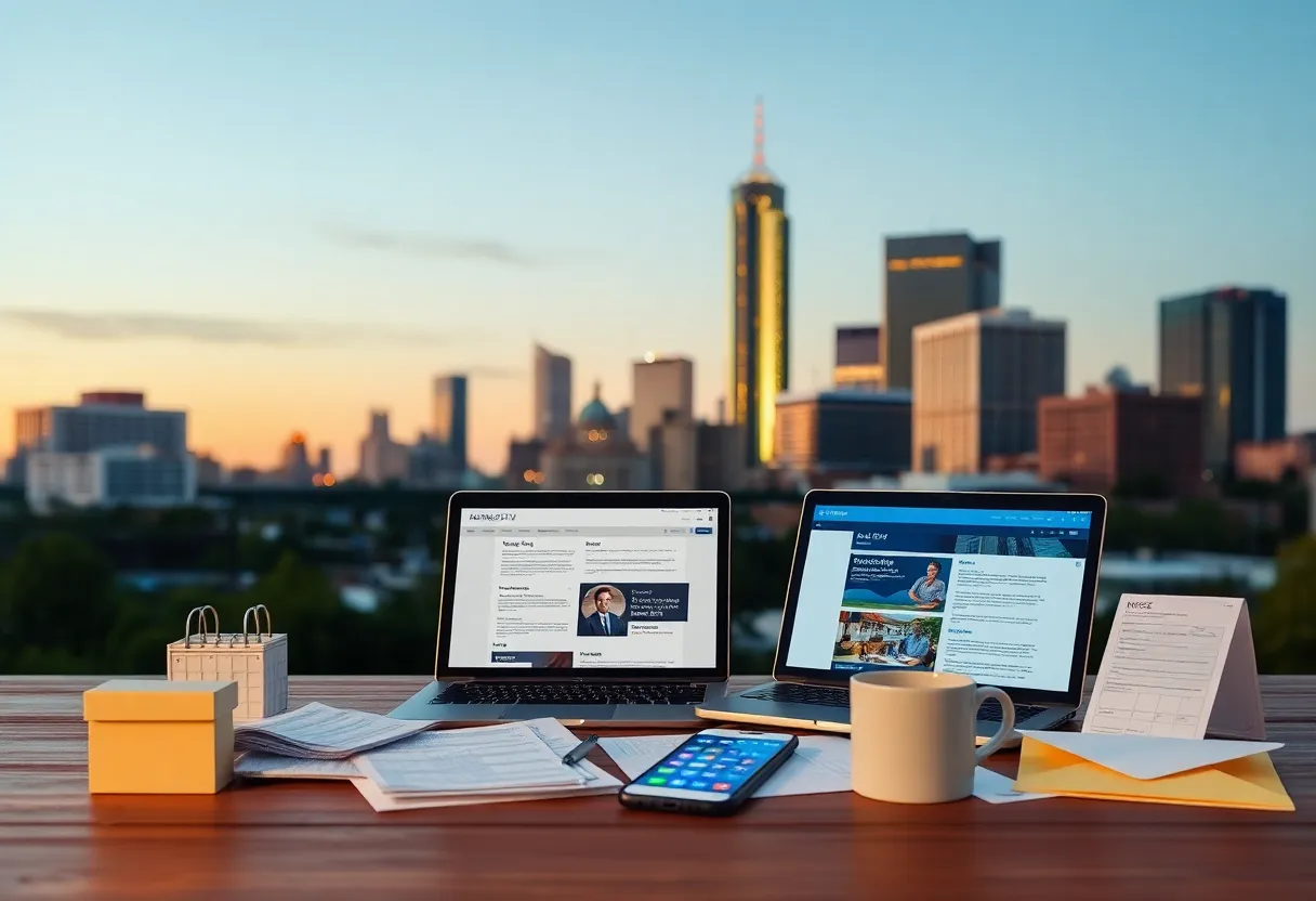 Kansas City skyline with tax documents, laptop open to government site, and smartphone showing alerts