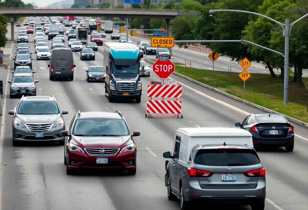 Traffic congestion on Kansas City highway with road closure signs