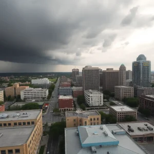 Kansas City skyline under stormy skies