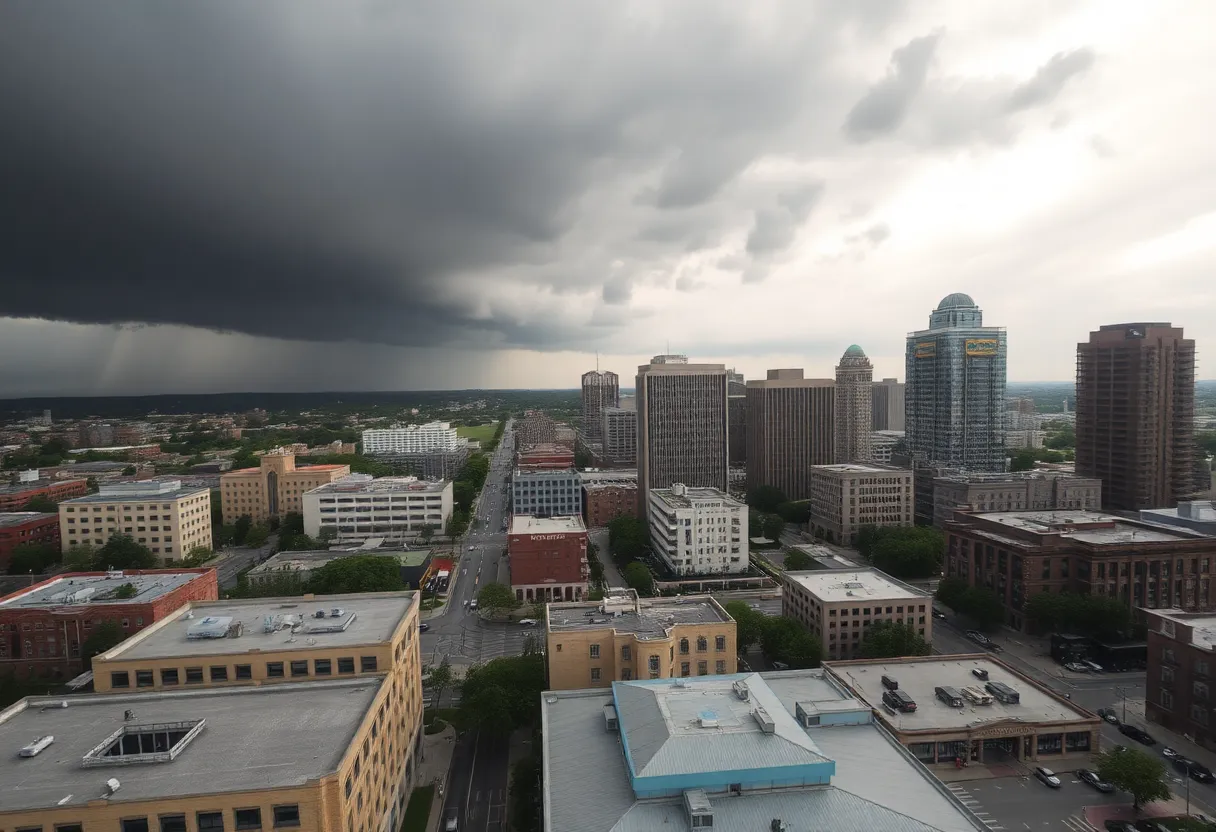 Kansas City skyline under stormy skies