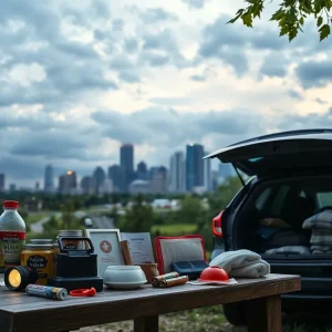 Emergency kit, NOAA radio, and Kansas City skyline under stormy clouds