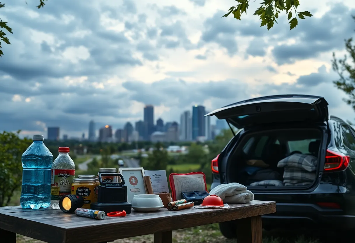 Emergency kit, NOAA radio, and Kansas City skyline under stormy clouds