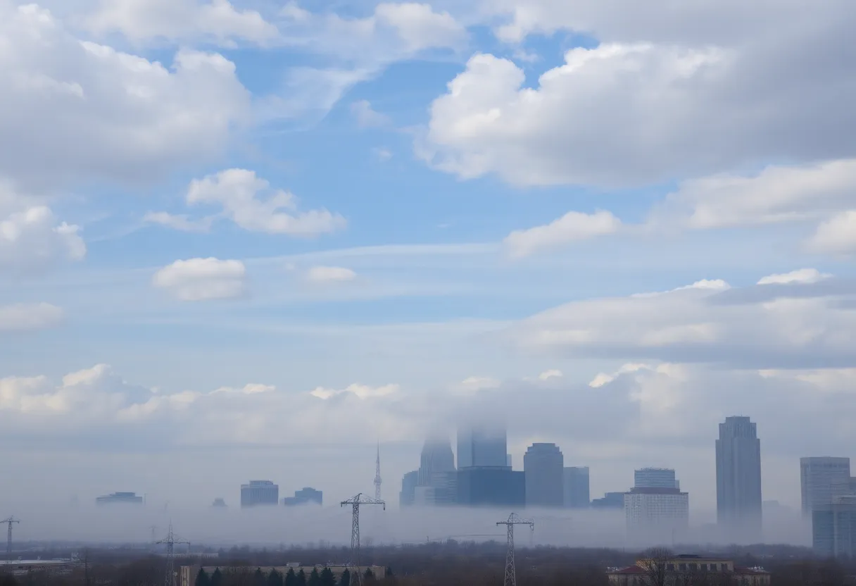 Partly cloudy skies over Kansas City with mild weather