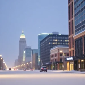 View of Kansas City covered in snow during a winter storm