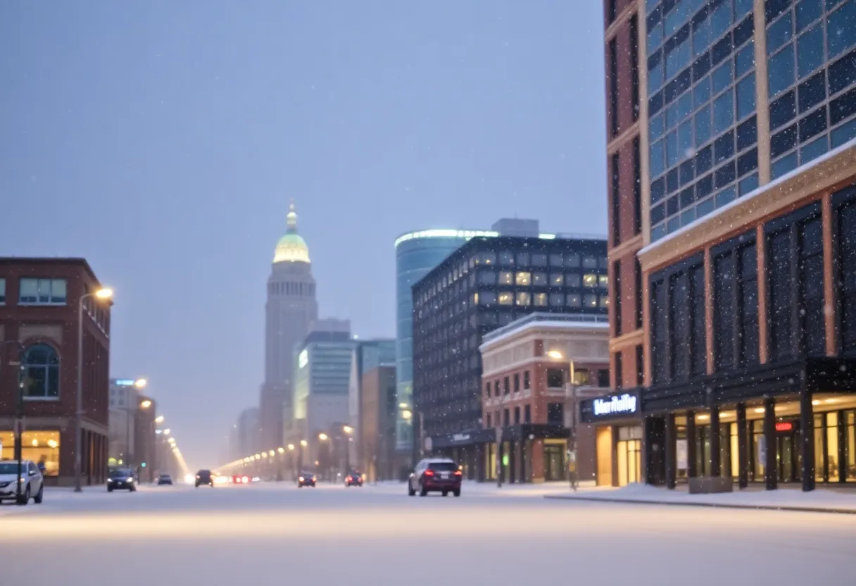 View of Kansas City covered in snow during a winter storm