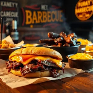 Brisket sandwich and burnt ends on a rustic table at a Kansas City barbecue joint