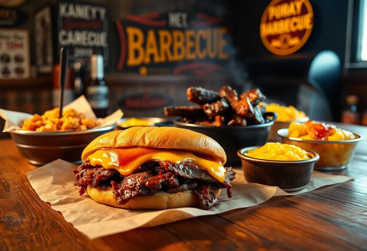 Brisket sandwich and burnt ends on a rustic table at a Kansas City barbecue joint