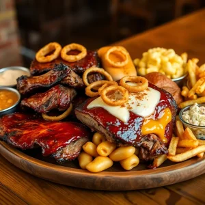 Platter with burnt ends, glazed ribs, Z-Man sandwich and classic barbecue sides