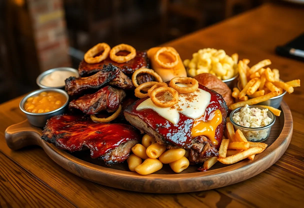 Platter with burnt ends, glazed ribs, Z-Man sandwich and classic barbecue sides