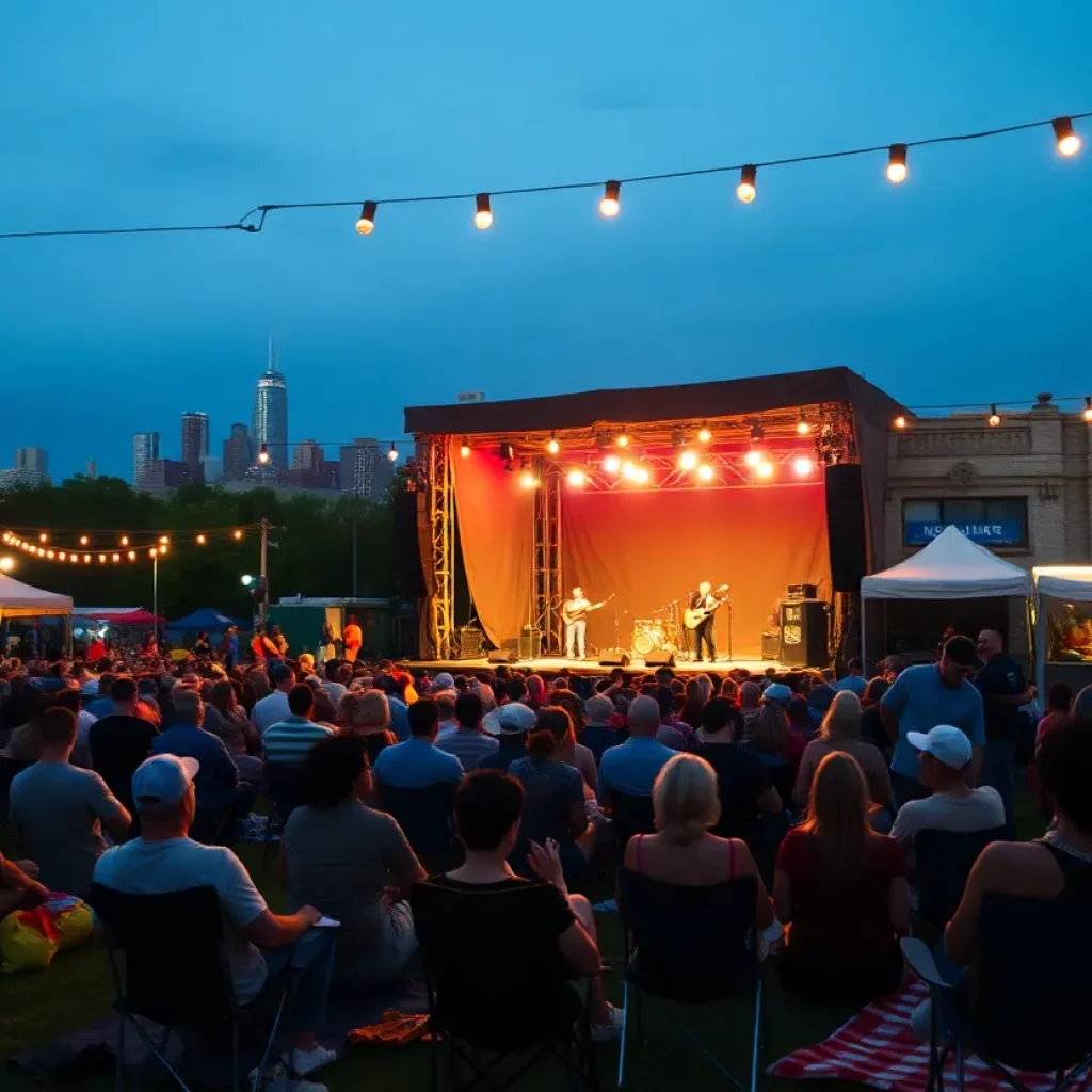 Crowd enjoying affordable live music at an outdoor Kansas City concert at dusk with skyline in the background