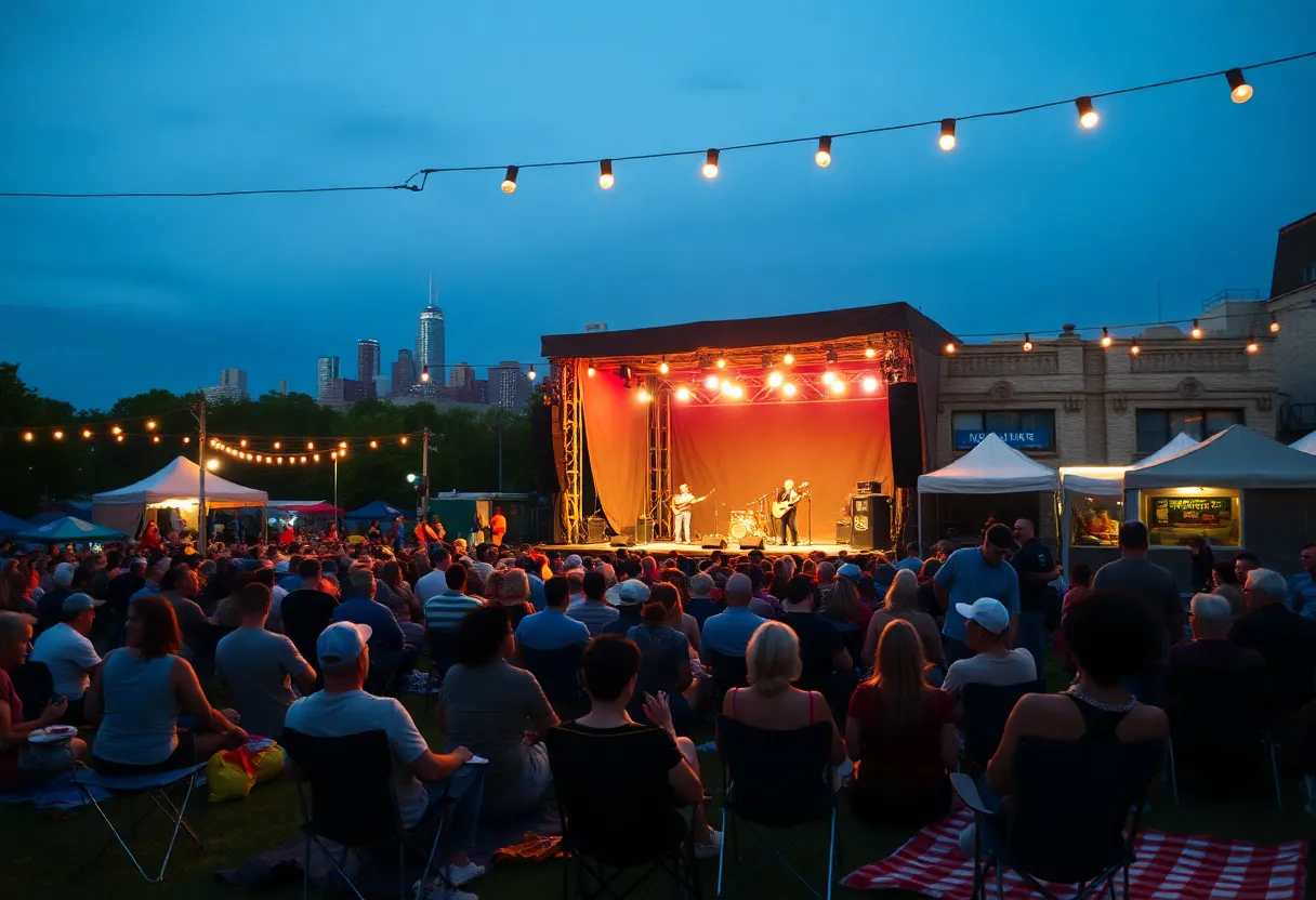 Crowd enjoying affordable live music at an outdoor Kansas City concert at dusk with skyline in the background