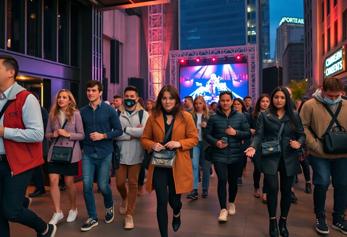 Diverse concertgoers wearing a mix of business casual, layered jackets, and clear bags at Kansas City venues