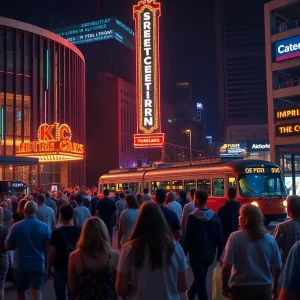 Concertgoers outside a Kansas City venue at night with streetcar and parking garage in view