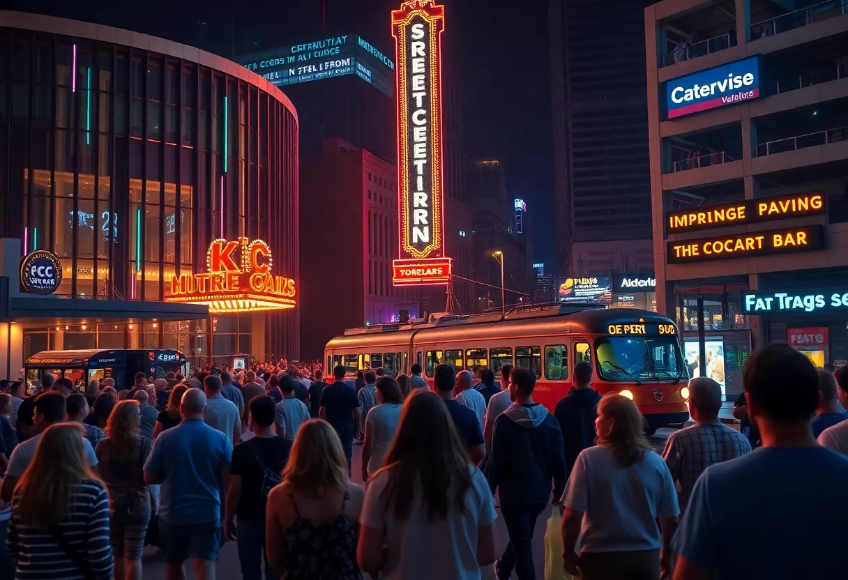 Concertgoers outside a Kansas City venue at night with streetcar and parking garage in view
