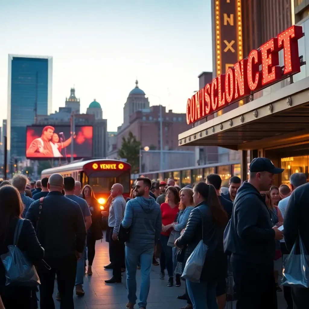 Crowd of concertgoers outside a Kansas City venue with security line and a streetcar passing in the background