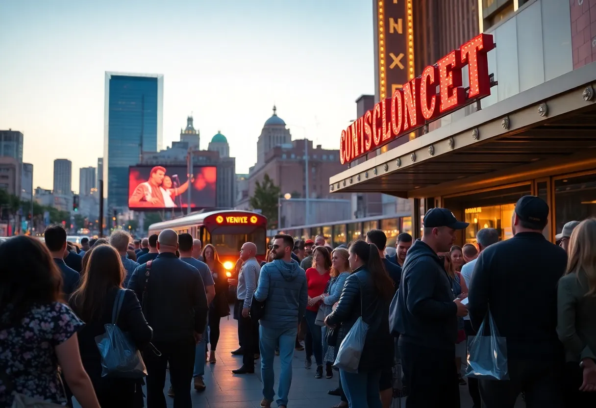 Crowd of concertgoers outside a Kansas City venue with security line and a streetcar passing in the background