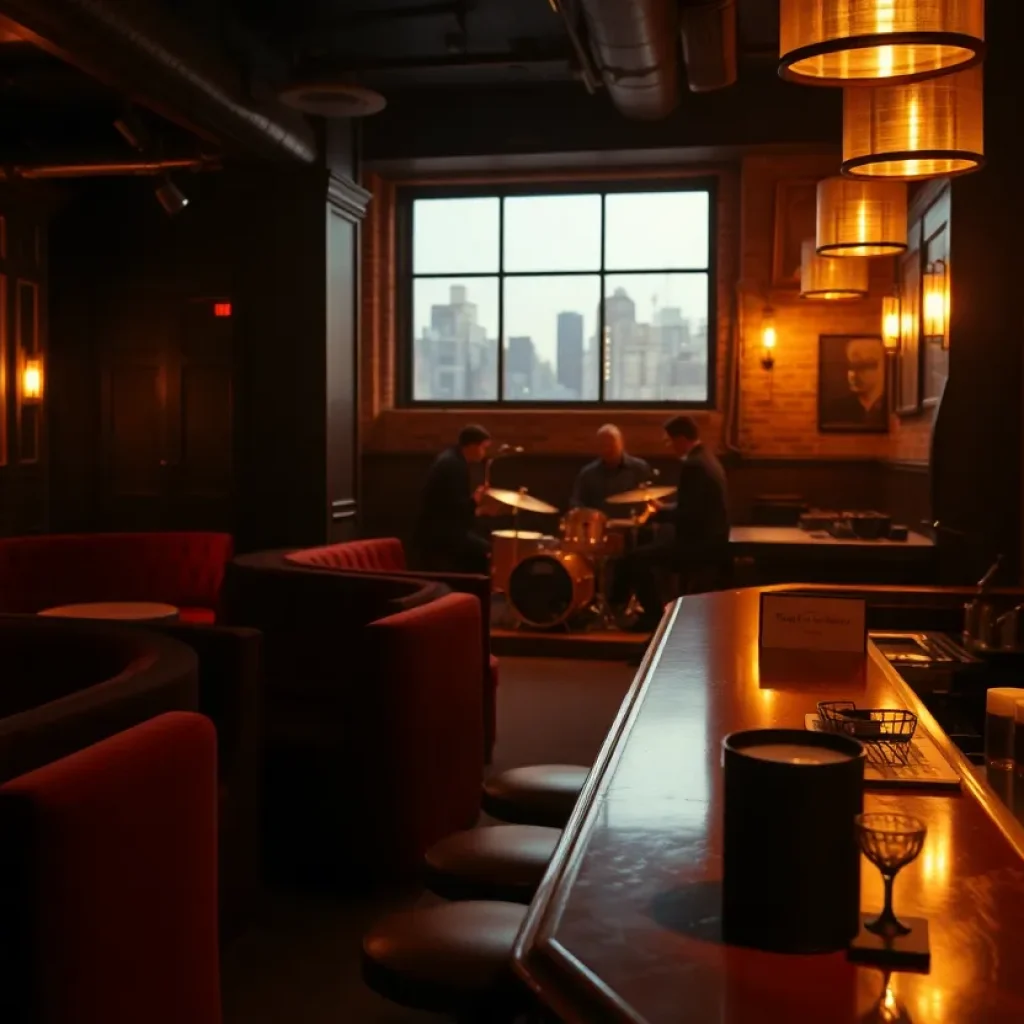 Dimly lit speakeasy with plush booths, craft cocktails, and a small jazz stage in Kansas City at night