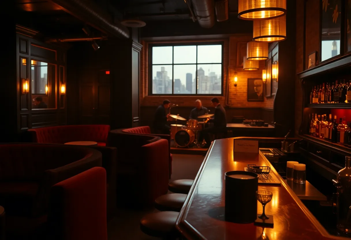 Dimly lit speakeasy with plush booths, craft cocktails, and a small jazz stage in Kansas City at night
