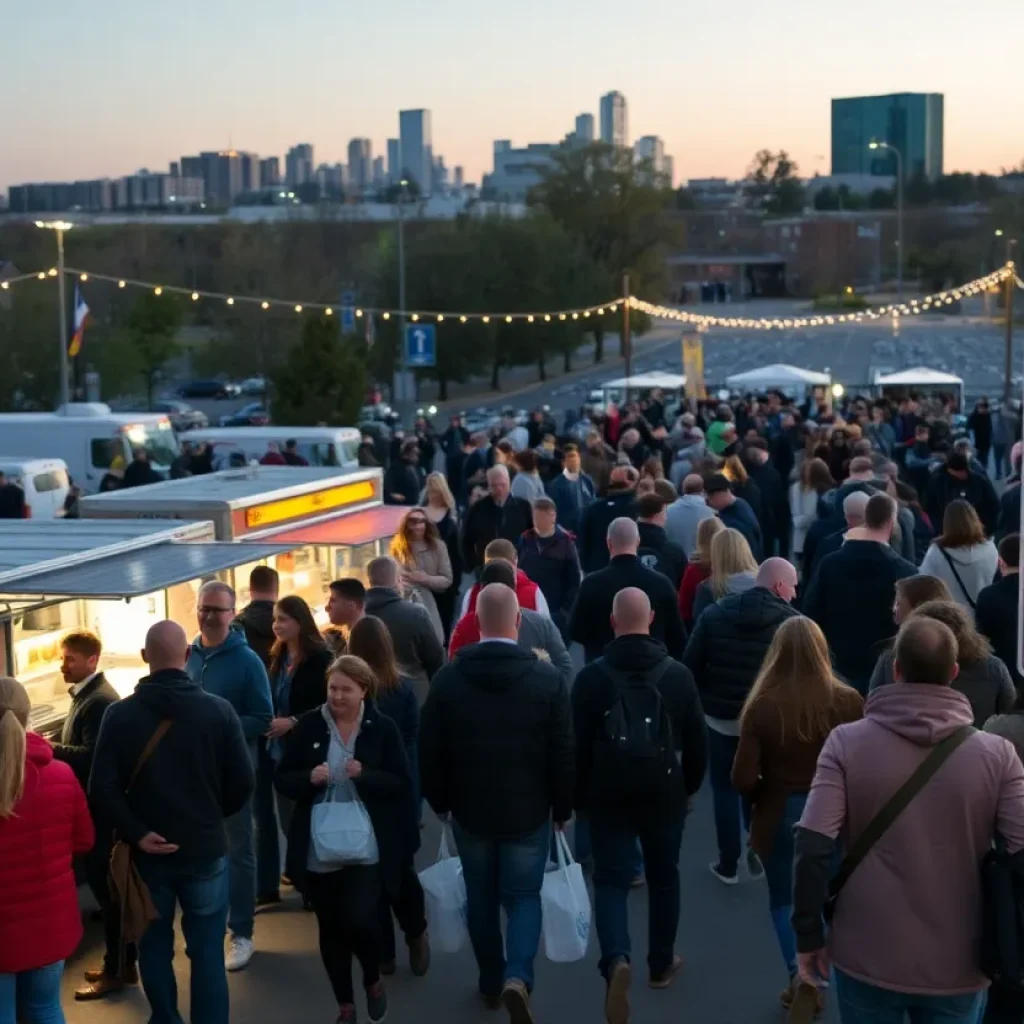 Crowd at a Kansas City outdoor event with clear bags, food trucks, and skyline