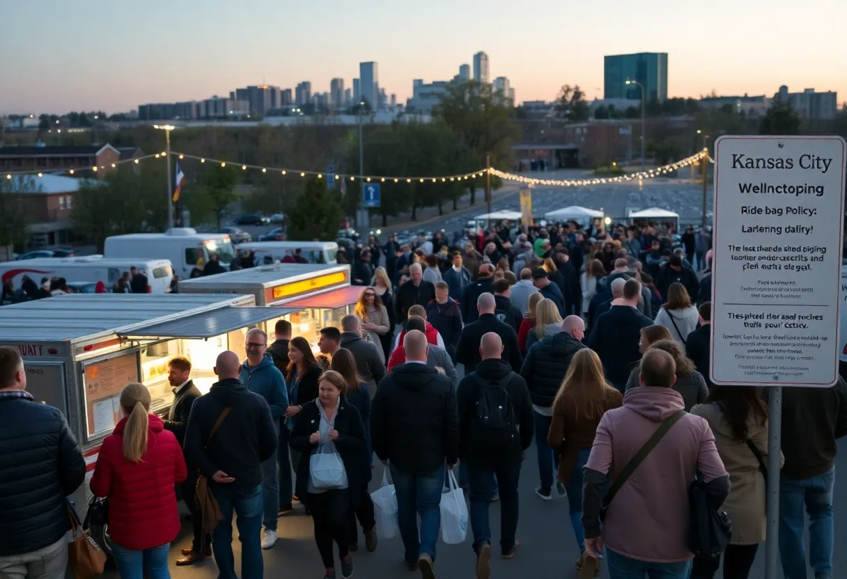 Crowd at a Kansas City outdoor event with clear bags, food trucks, and skyline